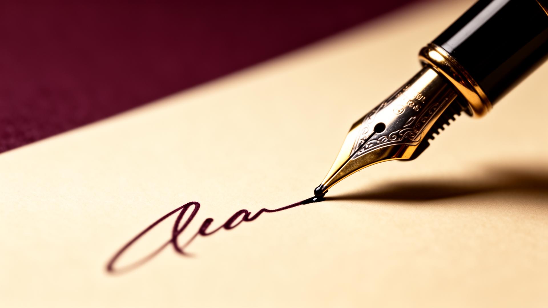 Assinatura de contrato com caneta tinteiro sobre papel cremoso